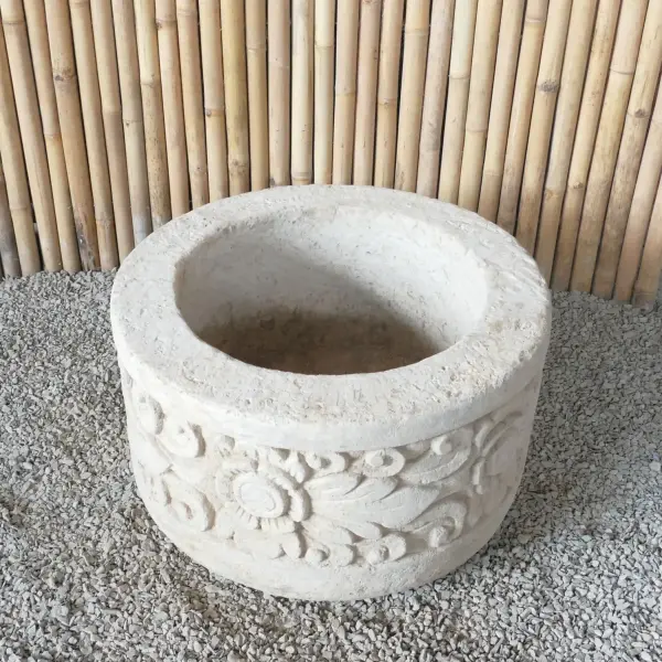 Product image 1 of the product “Balinese style tube round pot, with carving - 70cm Dia., 40 cm Height, Taro sand ”